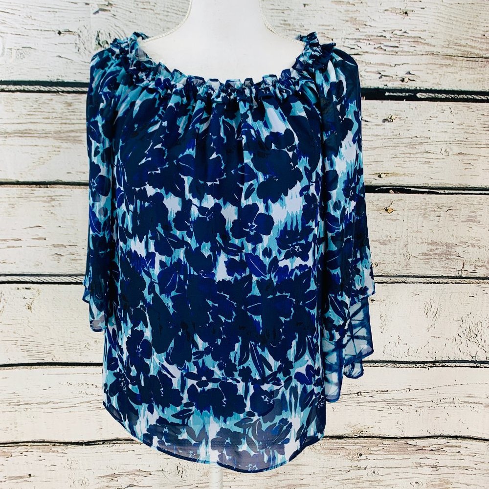 INC Women's Top Blue Floral Sheer Medium